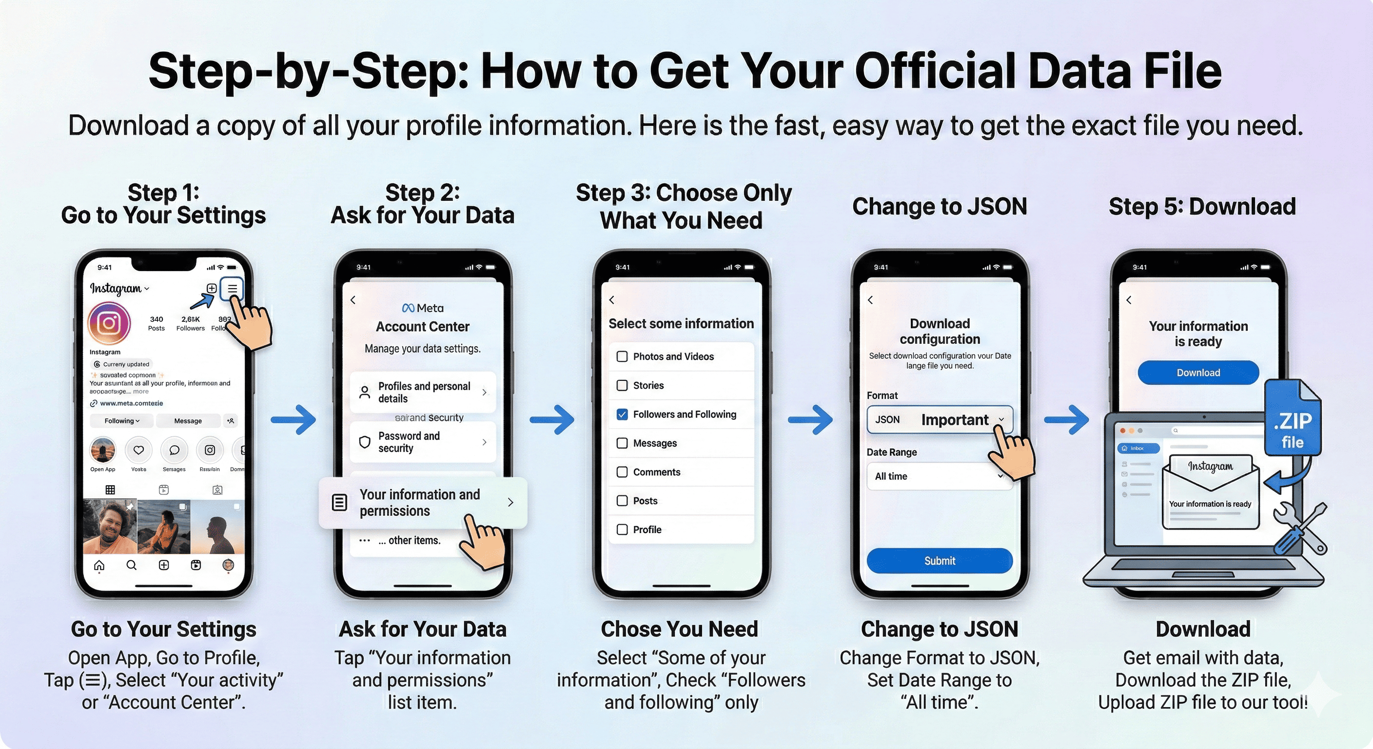Step-by-step visual guide on how to download your Instagram JSON data locally