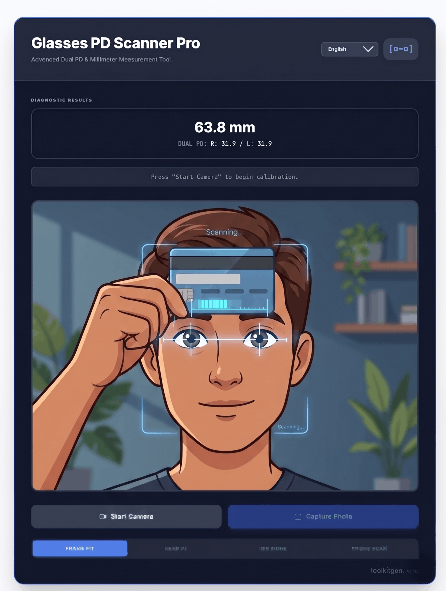 Demonstration of a person holding a credit card against their forehead to measure Pupillary Distance